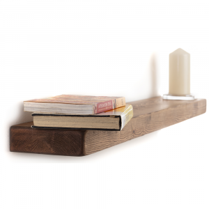 floating oak shelf with books and candle